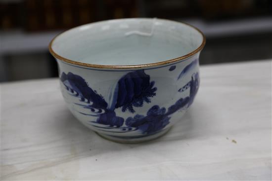 A Chinese blue and white censer, Transitional period, c.1640, 21.5cm., cracks to base, rim chip